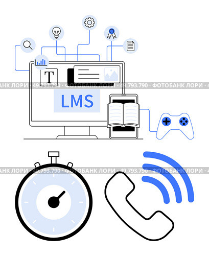 Learning management system on a computer screen book on a tablet, stopwatch, phone, and gaming controller. Ideal for education, e-learning, technology, online courses, time management. Comprehensive Learning Management System Tools Integrated with Educational and Communication Features. Стоковая иллюстрация, агентство Ingram Publishing / Фотобанк Лори