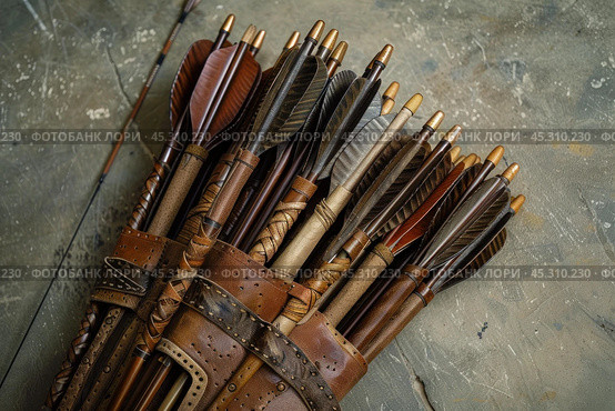 Leather quiver holding wooden arrows with metal tips and feather fletching. Стоковое AI-изображение, AI-художник Иван Рябоконь / Фотобанк Лори