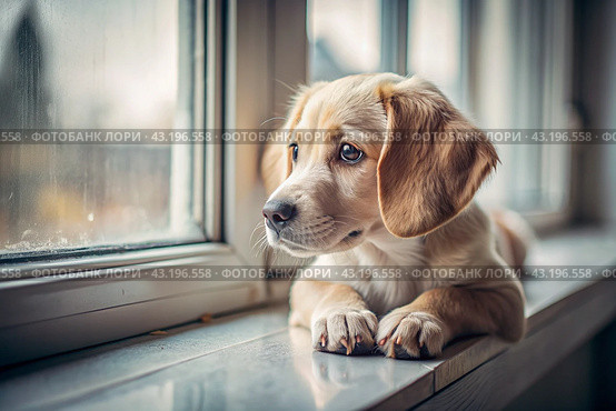 Leaving the animal alone at home. A sad little puppy looks out the window and waits for its owner. Стоковое AI-изображение, AI-художник Photojuli / Фотобанк Лори