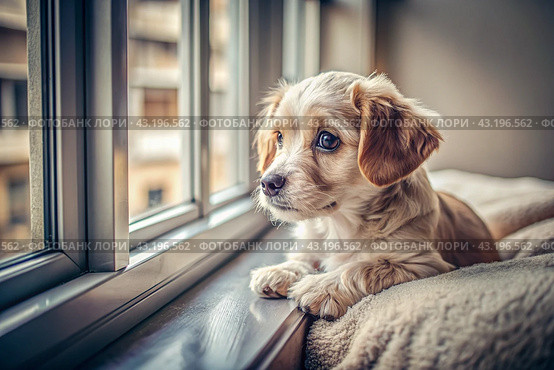 Leaving the animal alone at home. A sad little puppy looks out the window and waits for its owner. Стоковое AI-изображение, AI-художник Photojuli / Фотобанк Лори