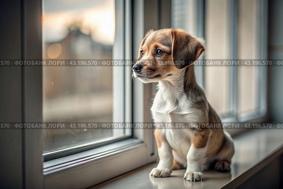 Leaving the animal alone at home. A sad little puppy looks out the window and waits for its owner. Стоковое AI-изображение, AI-художник Photojuli / Фотобанк Лори