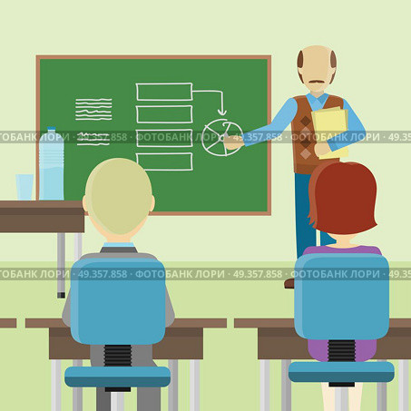 Lecturer Making a Presentation Before an Audience. Bald lecturerin in brown sweater and blue pants with documents making a presentation near green blackboard with information. Presentation before an audience, business seminar concept. Стоковая иллюстрация, агентство Ingram Publishing / Фотобанк Лори