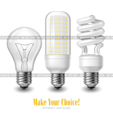 Led Lightbulb Set. Three led lightbulbs of different shape on white background realistic isolated vector illustration. Стоковая иллюстрация, агентство Ingram Publishing / Фотобанк Лори