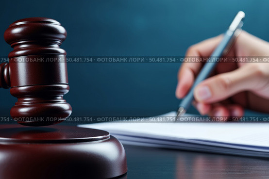 Legal gavel and document signing. Стоковое AI-изображение, AI-художник Андрей Бакусов / Фотобанк Лори