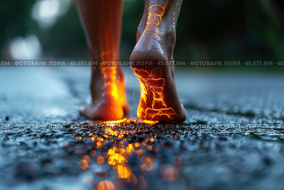 Legs burning in fire, heel spur, woman's leg hurts, pain in the foot, skin diseases, female feet with dry cracked skin close-up. Стоковое AI-изображение, AI-художник Станислав Тарко / Фотобанк Лори