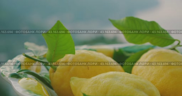 Lemons with leaves rest on a porcelain dish on a balcony. Verdant leaves complement the ripe fruit, set before a blurred seascape. Стоковое видео, видеограф Ольга Сухарева / Фотобанк Лори