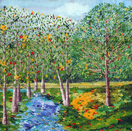 Лесной пейзаж, художественное масло, мастихиновая техника. Стоковая иллюстрация, иллюстратор Ирина Иванова / Фотобанк Лори