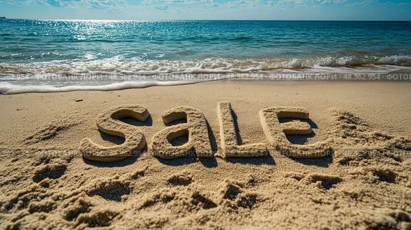 Letters carved in the sand form the word sale, with gentle waves lapping at the shore and a clear blue sky above. Стоковое AI-изображение, AI-художник Данила Большаков / Фотобанк Лори