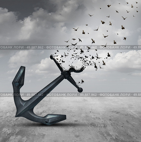 Letting go psychology concept as a heavy anchor transforming into a flying group of birds as a motivational metaphor for liberation and leaving a life or business burden behind. Стоковое фото, агентство Ingram Publishing / Фотобанк Лори