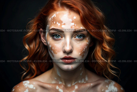Leukoderma. Vitiligo. Violation of skin pigmentation. Large white spots all over the body and face. Portrait of a beautiful girl with a skin disease. Стоковое AI-изображение, AI-художник Photojuli / Фотобанк Лори