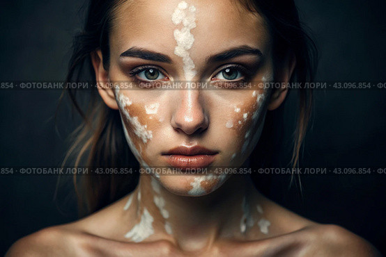 Leukoderma. Vitiligo. Violation of skin pigmentation. Large white spots all over the body and face. Portrait of a beautiful girl with a skin disease. Стоковое AI-изображение, AI-художник Photojuli / Фотобанк Лори