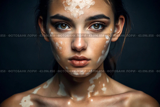 Leukoderma. Vitiligo. Violation of skin pigmentation. Large white spots all over the body and face. Portrait of a beautiful girl with a skin disease. Стоковое AI-изображение, AI-художник Photojuli / Фотобанк Лори
