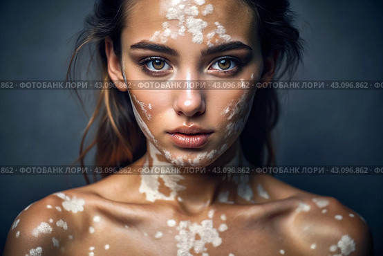 Leukoderma. Vitiligo. Violation of skin pigmentation. Large white spots all over the body and face. Portrait of a beautiful girl with a skin disease. Стоковое AI-изображение, AI-художник Photojuli / Фотобанк Лори