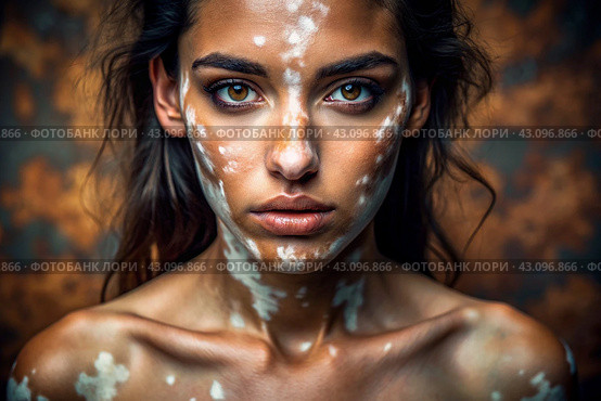 Leukoderma. Vitiligo. Violation of skin pigmentation. Large white spots all over the body and face. Portrait of a beautiful girl with a skin disease. Стоковое AI-изображение, AI-художник Photojuli / Фотобанк Лори