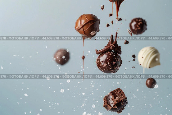 Levitating assorted chocolates on blue background. Стоковое AI-изображение, AI-художник Иван Рябоконь / Фотобанк Лори