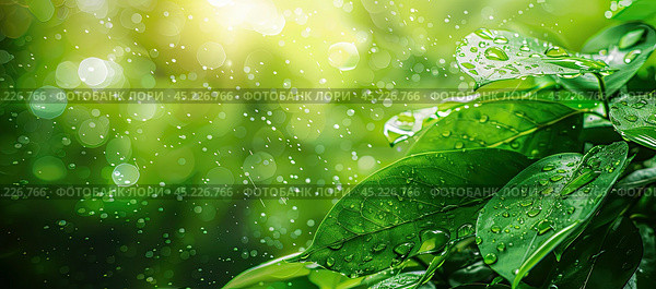 Life-giving raindrops on the leaves of trees, close-up of precipitation in the jungle, heavy rain falling on the leaves of trees in the forest, drops settling on green leaves. Generated by AI. Стоковое AI-изображение, AI-художник Ярославский Максим / Фотобанк Лори