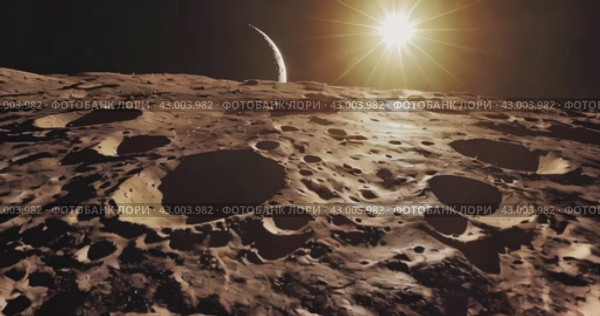 Lifeless surface of the moon with craters against the backdrop of the glow of the Sun in the distance. Стоковое AI-видео, аниматор Александр Довянский / Фотобанк Лори