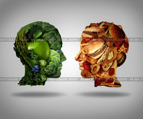 Lifestyle choice and dilemma concept as a two human faces one made of fresh green vegetables and fruit and the other head shaped with greasy fast food as hamburgers and fried foods as a symbol of nutrition facts and healthy living issues. Стоковое фото, агентство Ingram Publishing / Фотобанк Лори