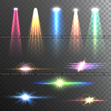Light Beams Color on Black composition . Beam lights of different color and shapes projections gleaming in the darkness composition banner abstract vector illustration  . Стоковая иллюстрация, агентство Ingram Publishing / Фотобанк Лори