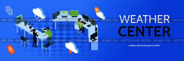 Light blue and isometric meteorological weather center horizontal banner with big headline vector illustration. Стоковая иллюстрация, агентство Ingram Publishing / Фотобанк Лори