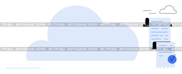 Light blue cloud on the left with a document scroll and checkmark on the right. Ideal for cloud storage, data management, digital documents, task verification, tech solutions. Simplistic and modern. Cloud Computing Document Management with Checklist Verification. Стоковая иллюстрация, агентство Ingram Publishing / Фотобанк Лори