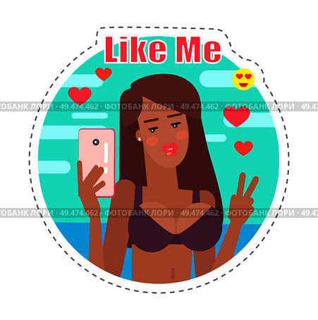 Like me woman talking photo and selfie wearing bra isolated sticker patch vector. Female streaming getting reactions from followers. Holiday and web. Like Me Woman Talking Photo Selfie in Bra Vector. Стоковая иллюстрация, агентство Ingram Publishing / Фотобанк Лори