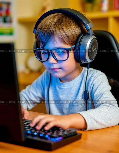 Limit the time children spend at the computer. Psychologists and pediatricians believe that a child can play on average no more than one, maximum two hours a day without harm to health. Стоковое AI-изображение, AI-художник Сергей Елизарьев / Фотобанк Лори