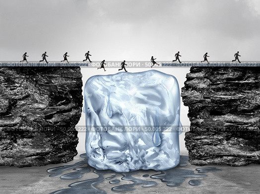 Limited time opportunity and urgent act fast business concept as a bridge made of ice melting away as an emergency deadline or expiration symbol with 3D illustration elements. Стоковое фото, агентство Ingram Publishing / Фотобанк Лори