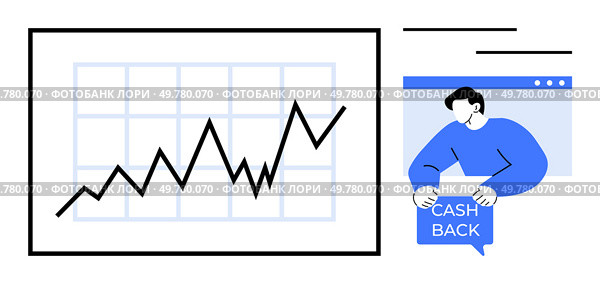 Line graph showing financial growth alongside a person holding a cashback sign. Ideal for finance, investments, cashback programs, business growth, and marketing. Clean simple design. Financial Growth Chart with Cashback Reward Concept in Blue and White Theme. Стоковая иллюстрация, агентство Ingram Publishing / Фотобанк Лори