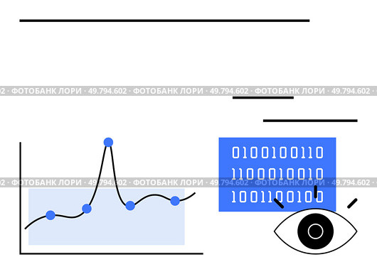 Line graph with data points binary code in blue stylized eye symbol. Ideal for big data, analytics, technology, cybersecurity, innovation, insight, visual communication. Line metaphor. Visualizing Data Analytics with Graphs and Code for Insightful Decision Making. Стоковая иллюстрация, агентство Ingram Publishing / Фотобанк Лори