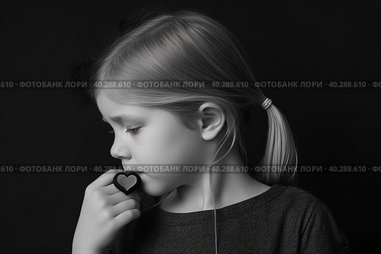 Listen to your heart. Thinkful and little unsettling small girl holding heart shaped object. Black and white portrait. AI generative image. Стоковое AI-изображение, AI-художник Сергей Старуш / Фотобанк Лори