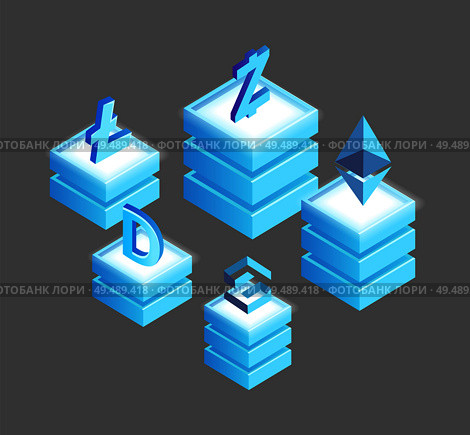 Litecoin, ethereum ripple and dogecoin, zcash cryptocurrency financial coins on platform. Bitcoin currency isolated isometric 3d icons vector. Litecoin, Ethereum Ripple and Dogecoin, Zcash Ion. Стоковая иллюстрация, агентство Ingram Publishing / Фотобанк Лори
