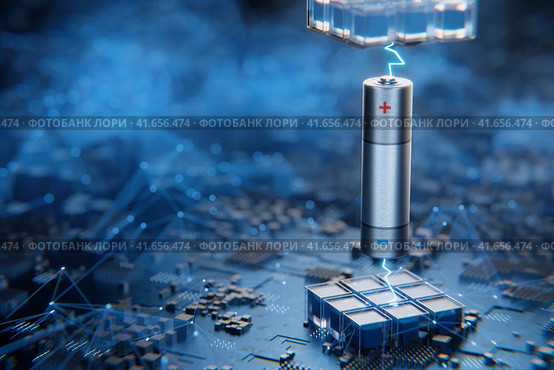 Lithium ion battery. Battery close-up. AA batteries. Battery fast charging concept. 3D rendering. Стоковая иллюстрация, иллюстратор Alexander / Фотобанк Лори