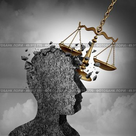 Litigation and lawsuit stress concept as a lawyer or attorney metaphor and plaintiff anxiety symbol as a law scale damaging a human icon as an impact due to legal issues of the courts or being sued and investigated as a 3D illustration. Стоковое фото, агентство Ingram Publishing / Фотобанк Лори