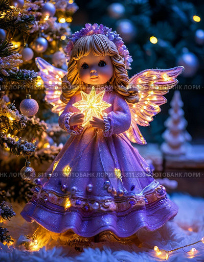 Little angel with a star near the Christmas tree. Christmas Eve is the day before the birth of Christ. Christmas Eve falls on January 6 (December 24). Christmas card. Стоковое AI-изображение, AI-художник Сергей Елизарьев / Фотобанк Лори