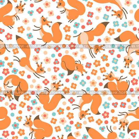 Little cute squirrels on flowers meadow. Seamless spring or summer pattern for gift wrapping, wallpaper, childrens room, clothing.. Little cute squirrels on flowers meadow. Seamless spring or summer pattern for gift wrapping, wallpaper, childrens room, clothing. Vector illustration. Стоковая иллюстрация, агентство Ingram Publishing / Фотобанк Лори