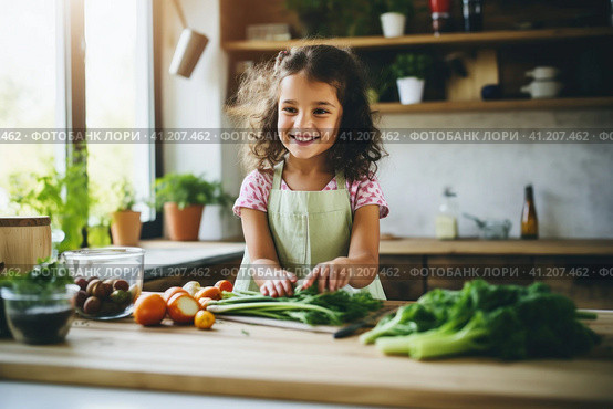 Little Girl Cutting Vegetables on Cutting Board. Стоковое AI-изображение, AI-художник Поликарпов Владимир Владимирович / Фотобанк Лори