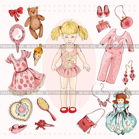 Little girl paper doll album project accessories set print with child character dress pajama sketch vector illustration. Стоковая иллюстрация, агентство Ingram Publishing / Фотобанк Лори