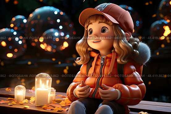 Little girl peacefully sits on a bench, her presence juxtaposed against the warm glow emanating from a single, lit candle. Стоковое AI-изображение, AI-художник Данила Большаков / Фотобанк Лори