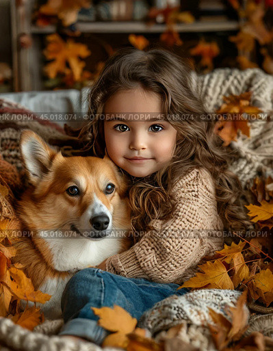 Little girl with a Pembroke Welsh Corgi. Стоковое AI-изображение, AI-художник Сергей Елизарьев / Фотобанк Лори