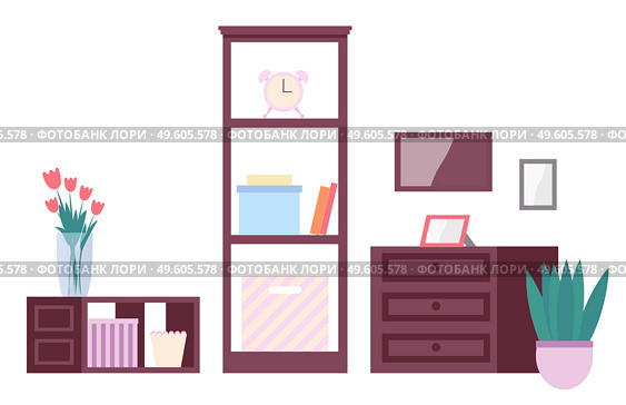 Living room furnishings. Illustration apartment interior room elements of furniture home cupboard and wooden chest of drawers with doors, shelf with books and boxes bedside table and vase of flowers. Illustration of a room elements of furniture home cupboard and wooden chest of drawers with doors, shelf. Стоковая иллюстрация, агентство Ingram Publishing / Фотобанк Лори