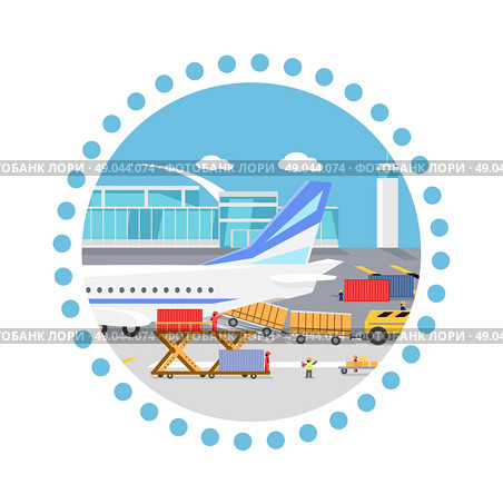 Loading freight containers in a cargo plane. Transportation and delivery, logistic shipping, service industry, load airplane, airport terminal, import express and distribution freighter. Round concept. Стоковая иллюстрация, агентство Ingram Publishing / Фотобанк Лори