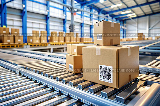 Logistics. Intelligent, automatic packaging of parcels in a warehouse, tags and QR codes in cardboard boxes for effective tracking, authentication and tracking. Стоковое AI-изображение, AI-художник Photojuli / Фотобанк Лори