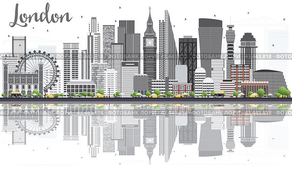 London Skyline with Gray Buildings, Blue Sky and Reflections Isolated on White Background. Business Travel and Tourism Concept. Image for Presentation Banner Placard and Web Site. Стоковая иллюстрация, иллюстратор Игорь Сорокин / Фотобанк Лори