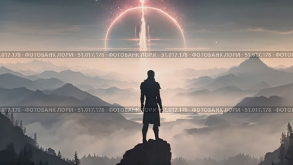 Lone person stands on a mountaintop against a twilight sky, gazing at an awe-inspiring astronomical phenomenon. Стоковое AI-видео, аниматор Данила Большаков / Фотобанк Лори
