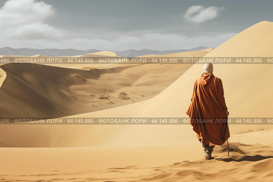 Lone wanderer in vast desert dunes. Стоковое AI-изображение, AI-художник Иван Рябоконь / Фотобанк Лори