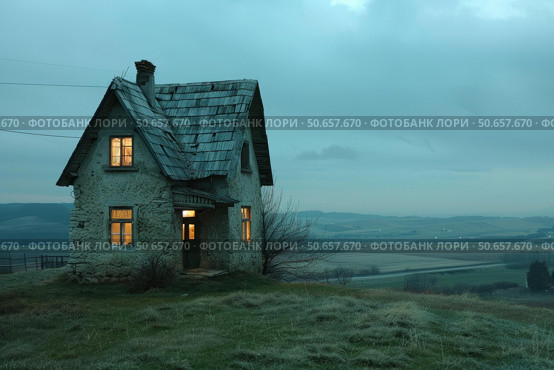 Lonely stone house illuminated at dusk overlooking vast countryside. Стоковое AI-изображение, AI-художник Иван Рябоконь / Фотобанк Лори