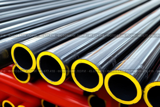 Long black yellow pipes. Large galvanized pipe stacked in industrial warehouse. Construction materials for infrastructure work. Metalwork. PVC pipes for sewerage pipeline, plumbing in the storage. Стоковое AI-изображение, AI-художник Марина Демидюк / Фотобанк Лори