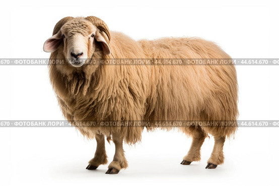 Long-haired sheep isolated on a white background. Стоковое AI-изображение, AI-художник Veniamin Kraskov / Фотобанк Лори