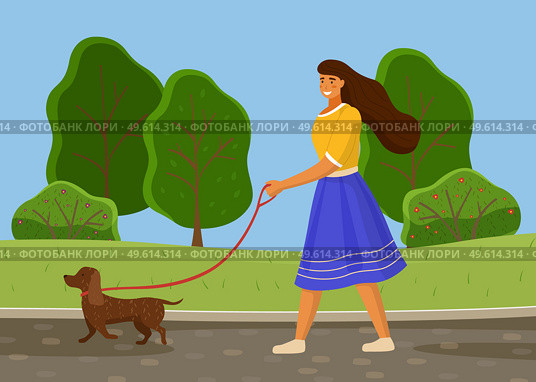 Long-haired woman wears blue skirt walks with dog, dachshund in city park, country road, countryside. Windy spring or summer weather. Green trees, bushes, lawn. Walk your pet in the fresh air. Girl in blue skirt is walking brown dog in nature. Summer park, forest, green area. Flat image. Стоковая иллюстрация, агентство Ingram Publishing / Фотобанк Лори